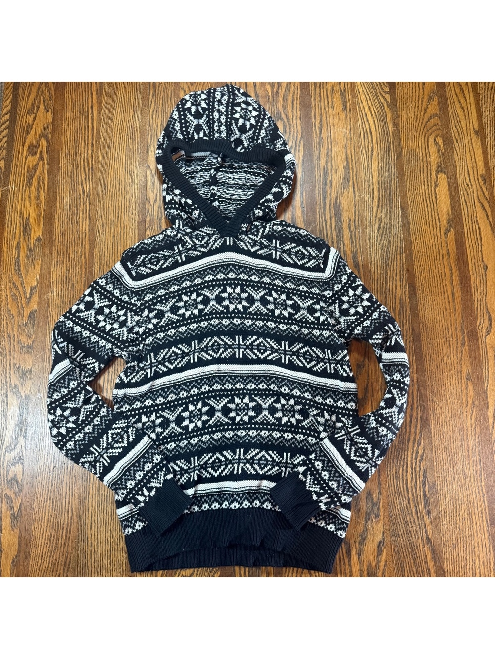 Old Navy Boys Fair Isle Sweater Knit Pullover Hoodie Black White Size 10